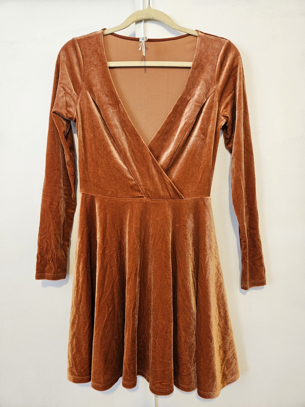 Kimchi Blue Burnt Orange Velvet Long Sleeve Fit-and-Flare Dress
